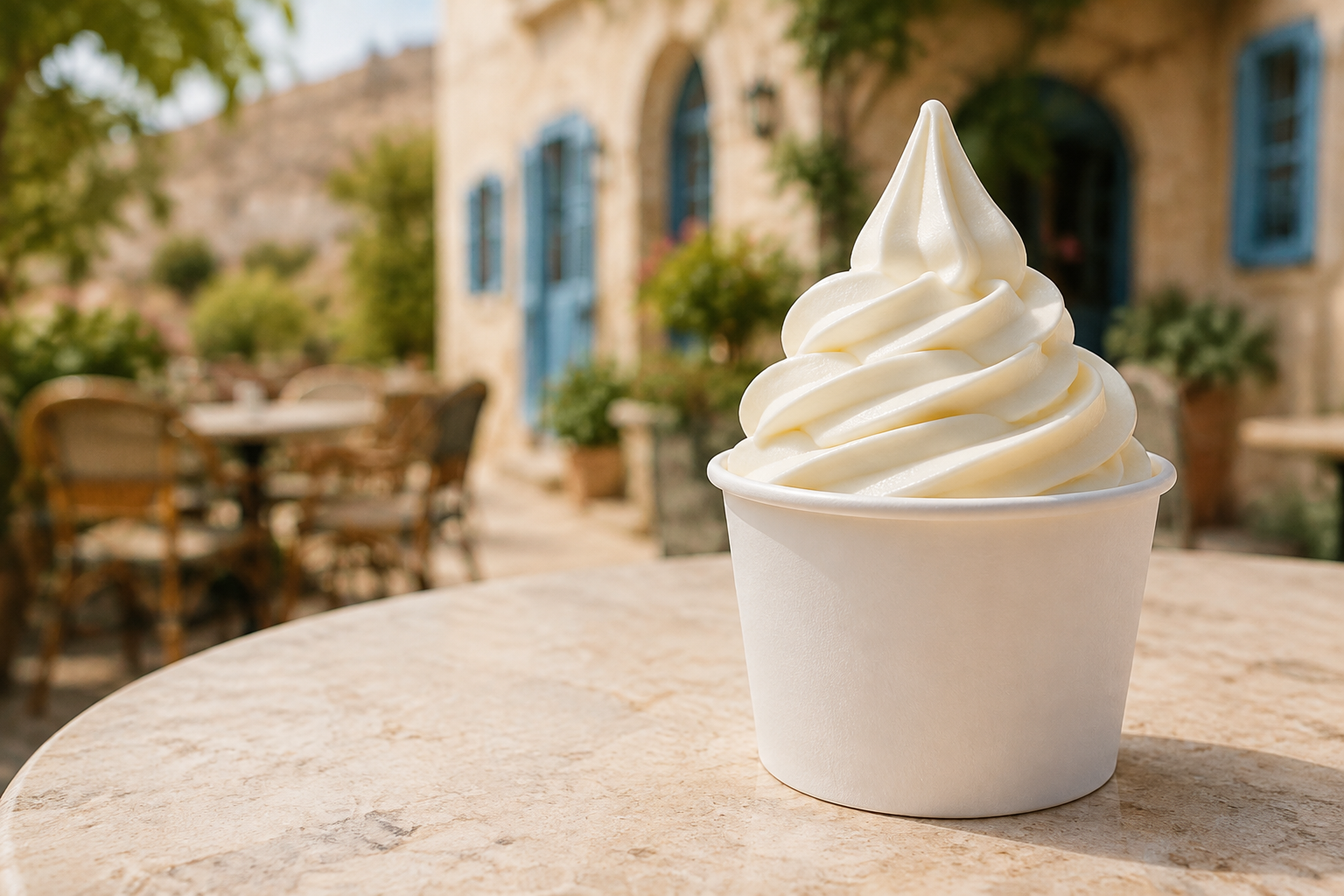 Vanilla soft serve in a plain white tub